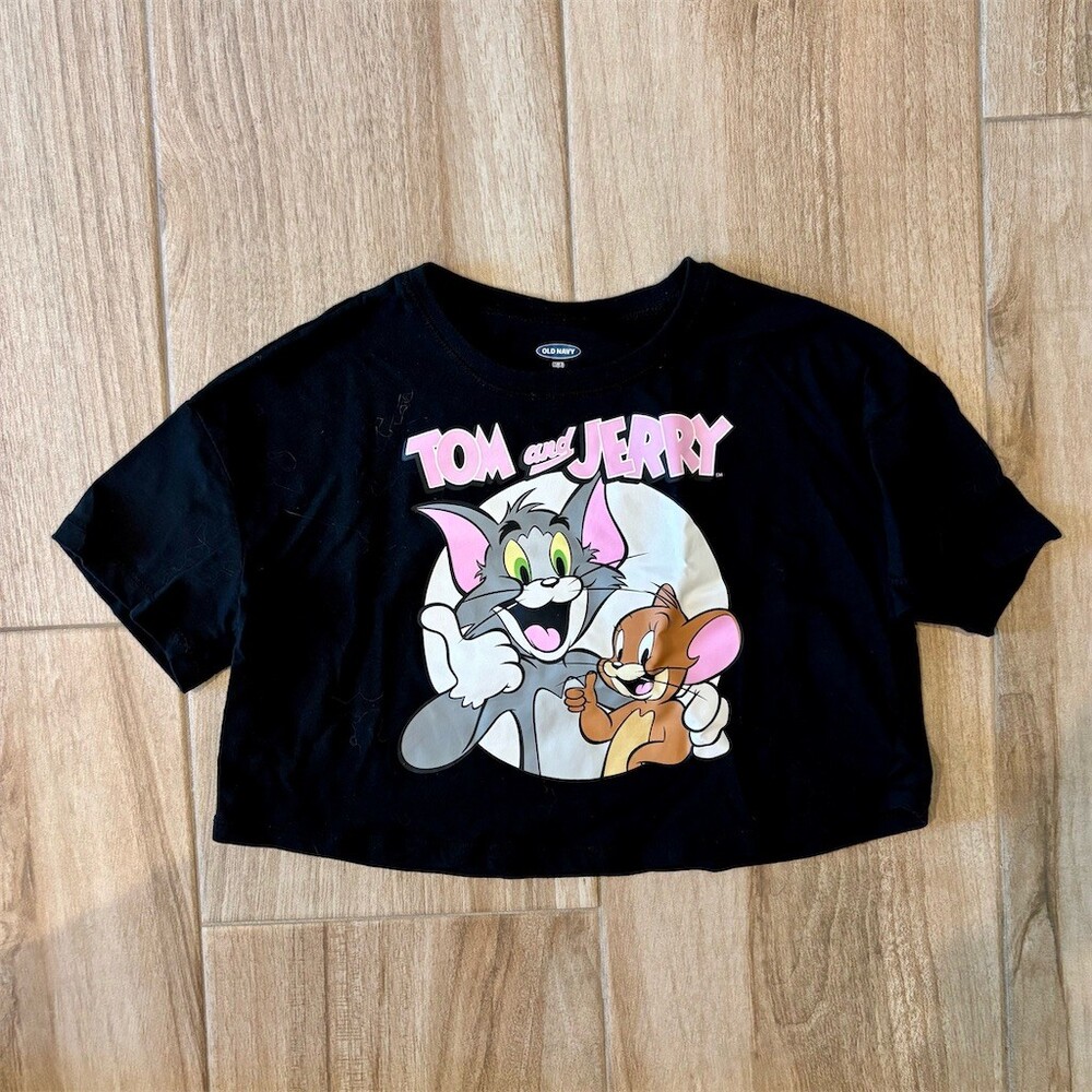 Old Navy Tom and Jerry Graphic Cropped T-Shirt Girls Size M (8) Black